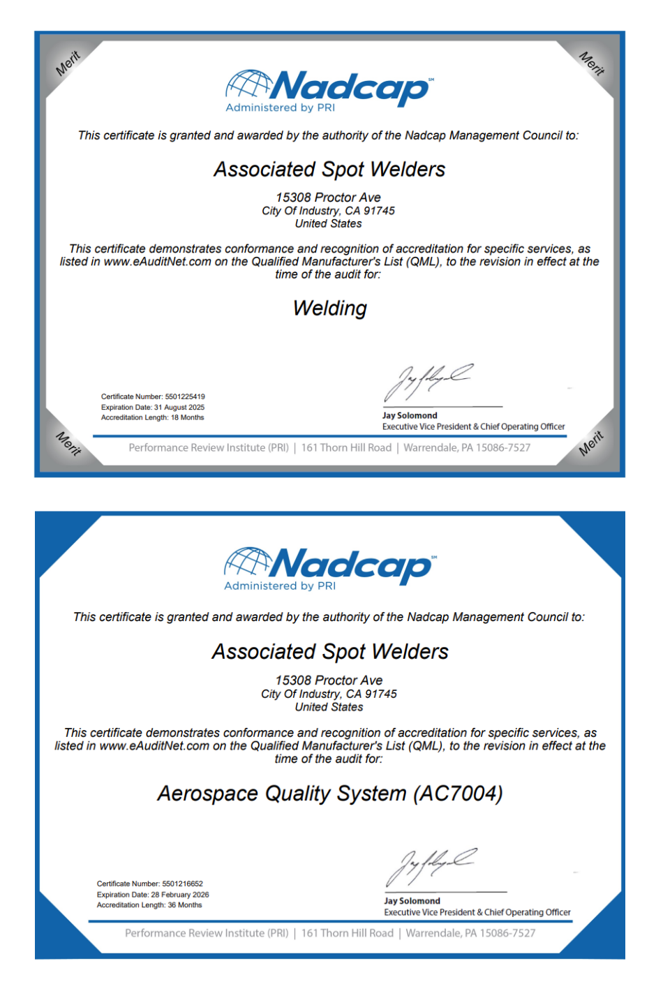 Associated Spot Welders NADCAP Certifications